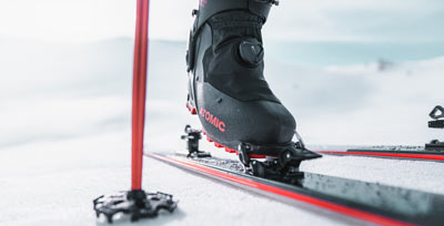 A close-up of a ski touring boot
